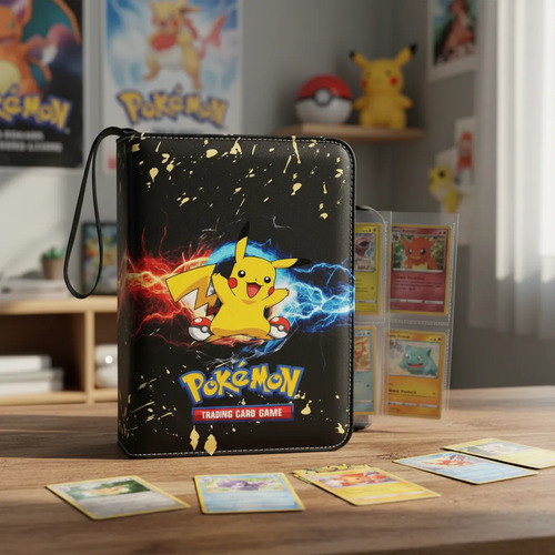 Album Pasta Fichario P/ 400 Cartas Pokemon Pikachu C/ Ziper Preto