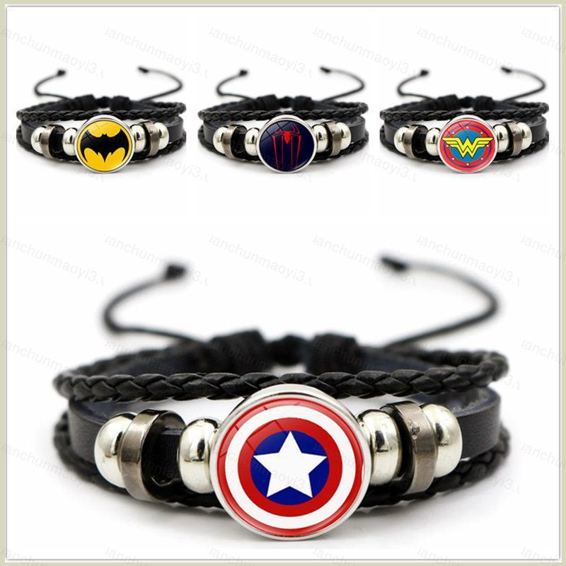 DC3 Marvel Super-Herói Emblema Capitão América Superman Spiderman Flash Hulk Gem Pulseira De Couro Menino Masculino