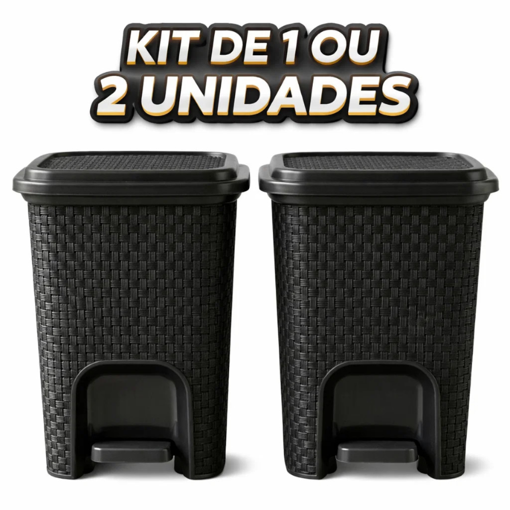 Conjunto De 2 ou 1 Lixeira Rattan Com Pedal  7L Preta Banheiro Cozinha Moderna Compacta Minimalista
