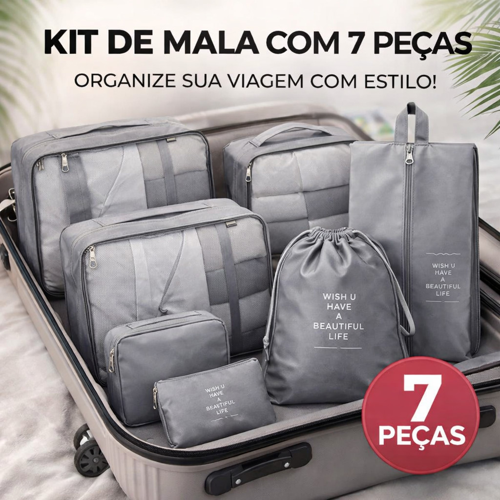 Kit 7 Peças Organizadores para Mala Viagem, Bolsa, Mochila, Impermeável - Poliéster Grandes e Médias