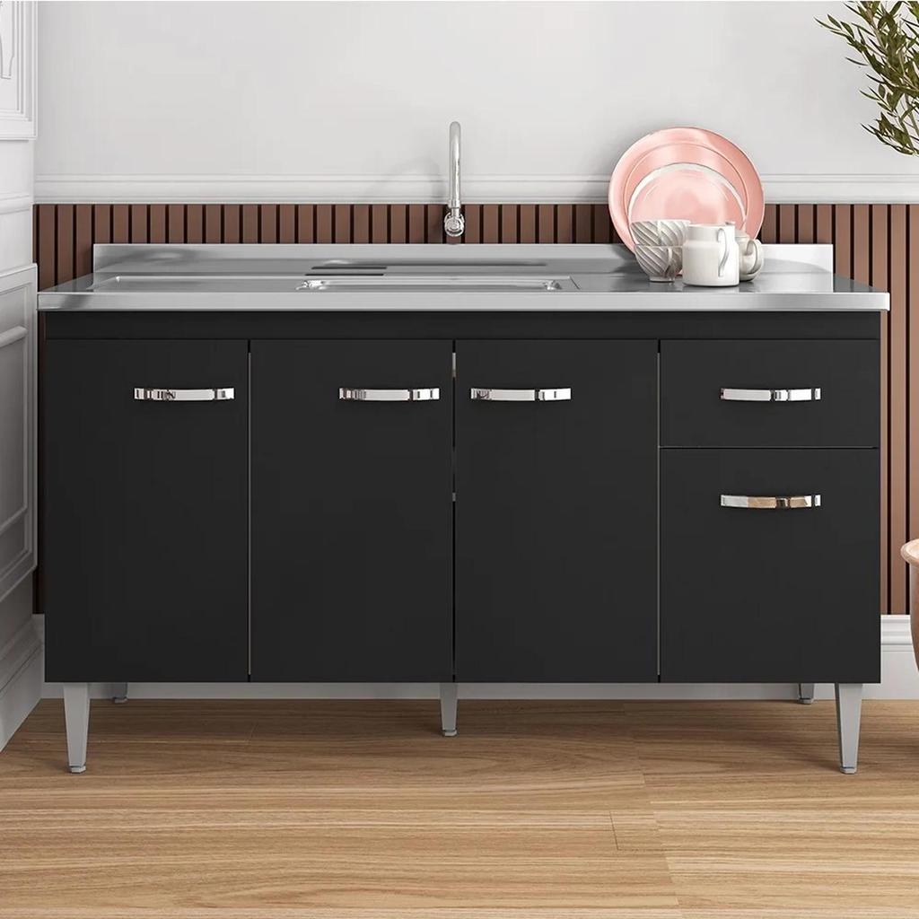 Balcão Gabinete Com Pia Inox 150cm 4 Portas e 1 Gaveta Gabriela Preto - AJL Móveis