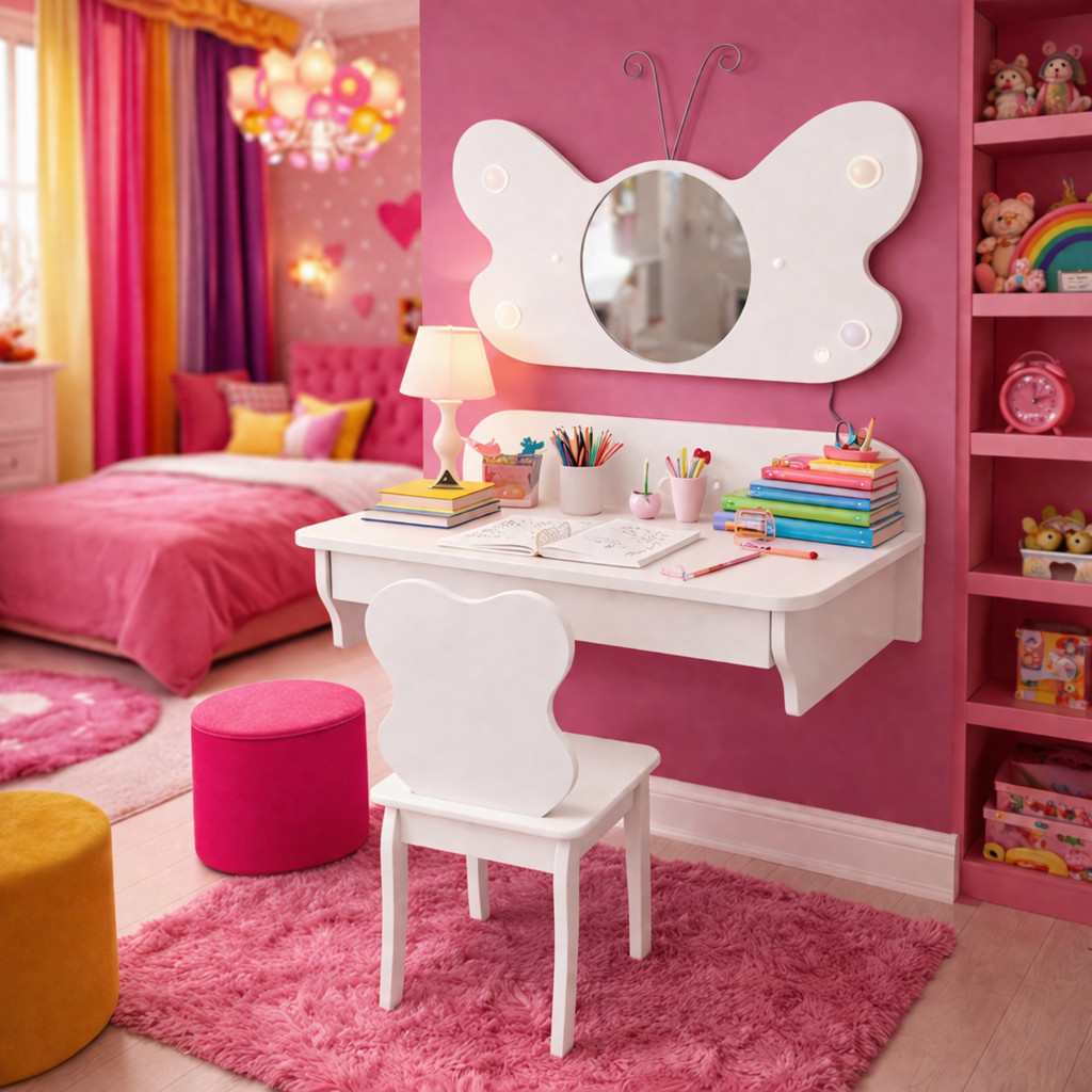Mesa de Estudo Infantil Branca LED Camarim Espelho MDF Luxo