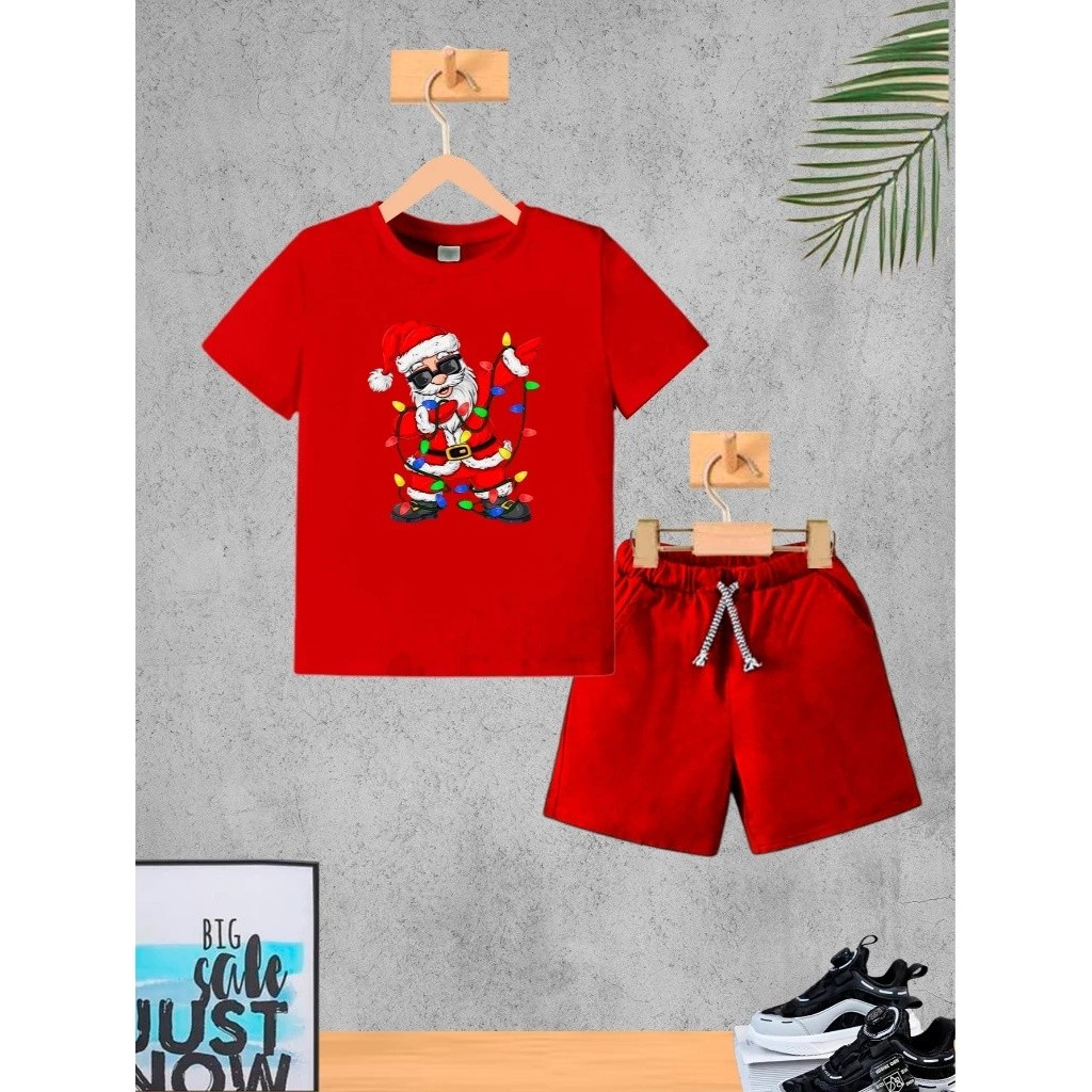 Camiseta + Short Conjunto Infantil Papai Noel Luzes Conjunto De Bermuda Juvenil Conjunto De Bermuda Juvenil