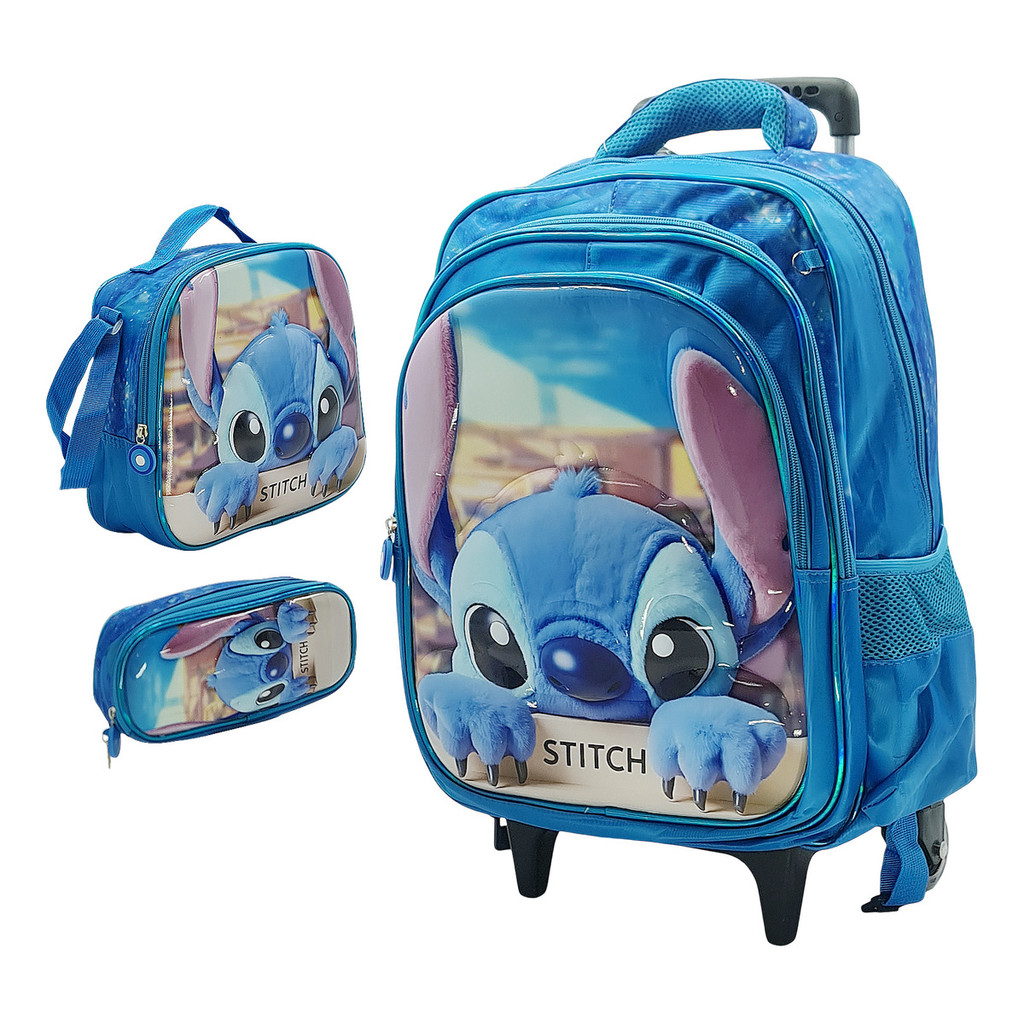 Kit Mochila Escolar Menino Infantil 3d Rodinhas Stitch Azul