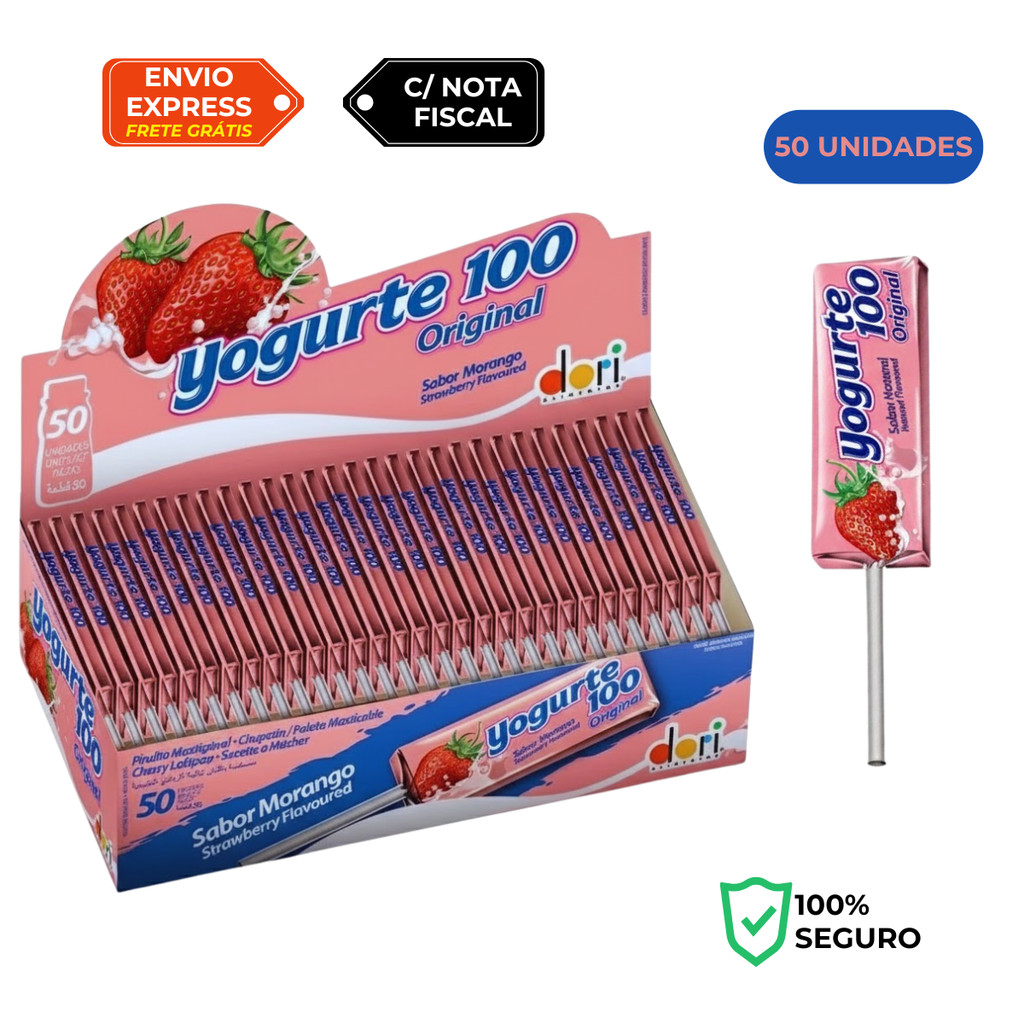 Display de Pirulito Yogurte 100 Mastigável de Morango com 1 ou 50 unidades de 11,2g - Dori