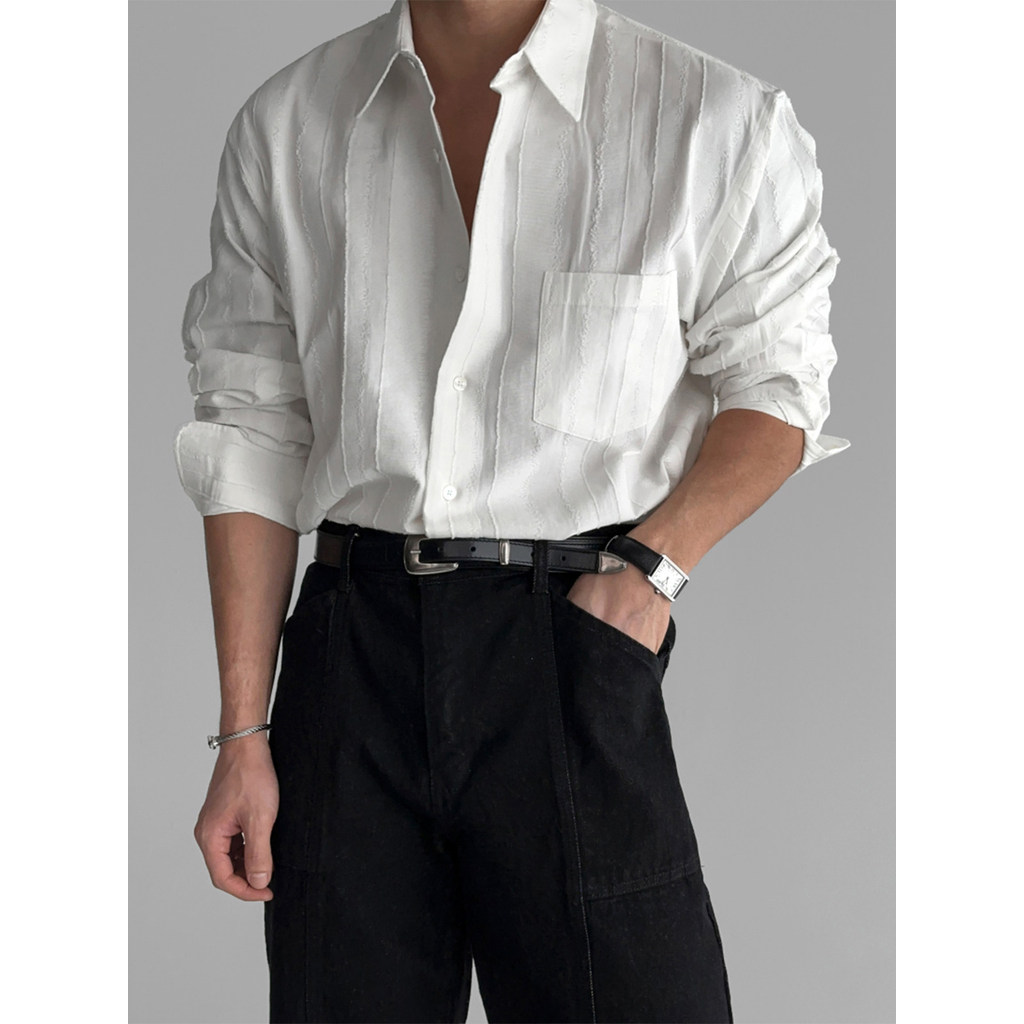 Camisa masculina de manga comprida com textura tridimensional branca, camisa listrada Casual solta de algodão puro, Top