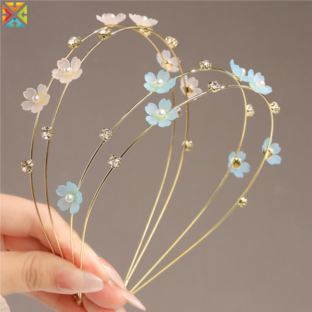 Faixa De Cabelo De Camada Dupla Flor Pérola Cristal Strass Bandana Para Mulheres Headwear Brilhante Argola Acessórios Pe