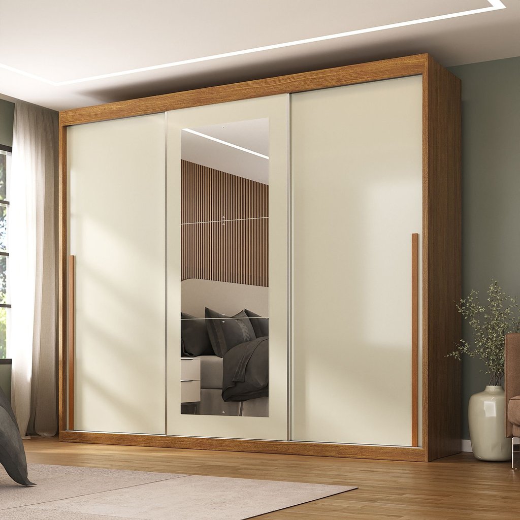 Guarda-roupa Casal 3 Portas de Correr e 6 Gavetas Spazio Cinamomo/Off White em Oferta na Shopee