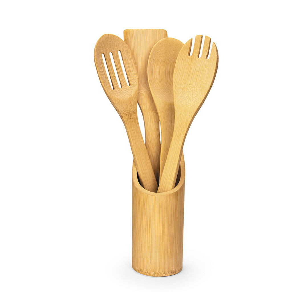 Imagem Kit 5 Utensílios De Bambu Com Suporte Conjunto Cozinha Colheres Espátulas