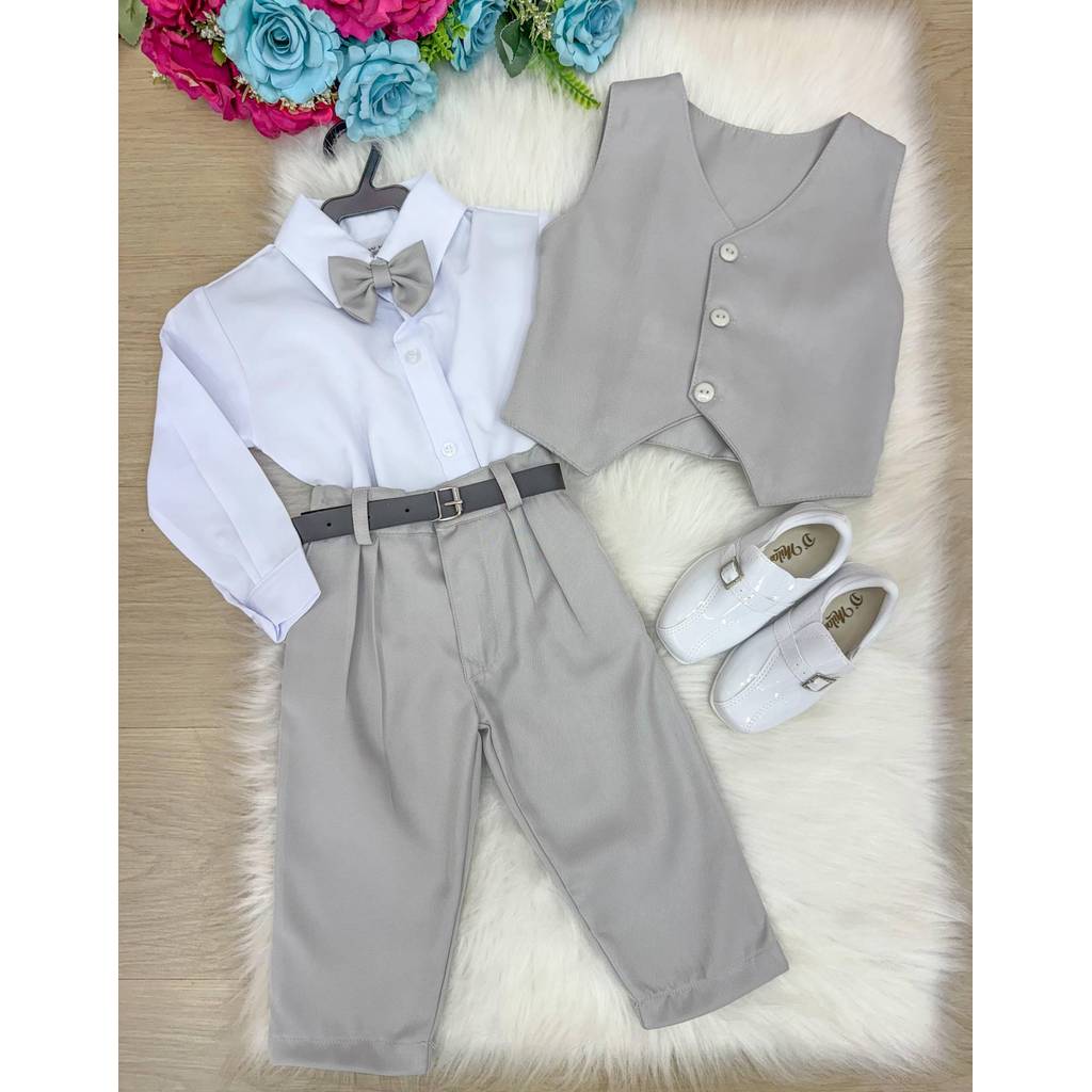 Conjunto Social Infantil Menino Colete Calça Gravata Cinza Claro Batizado Pajem
