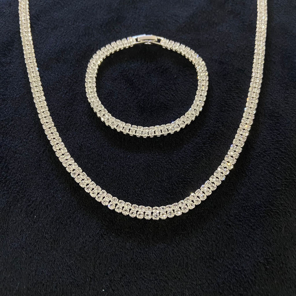 Kit Colar corrente ice cravejado Duas Voltas + Pulseira duas fileiras de pedras brilhantes Modelo Premium NJR 50cm em Oferta na Shopee