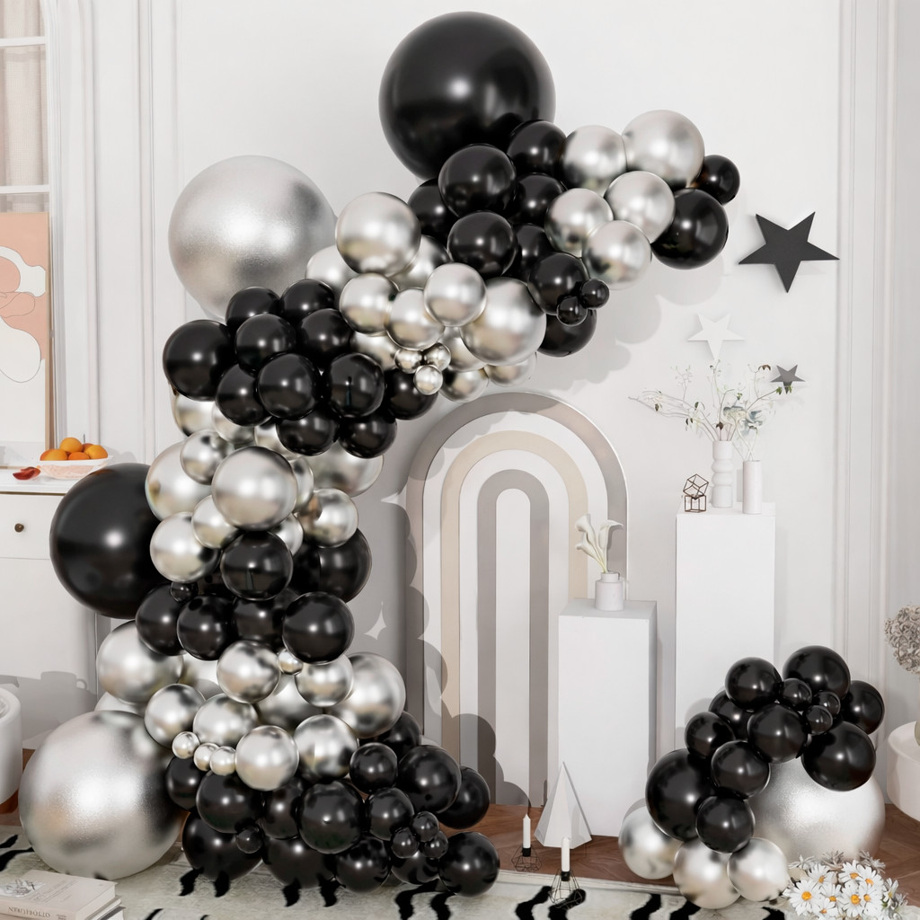 Kit 150 Balões Luxo Preto Prata Arco Desconstruído Bexiga Cromado Metalizado Decoração Festa Aniversario Eventos + Fita