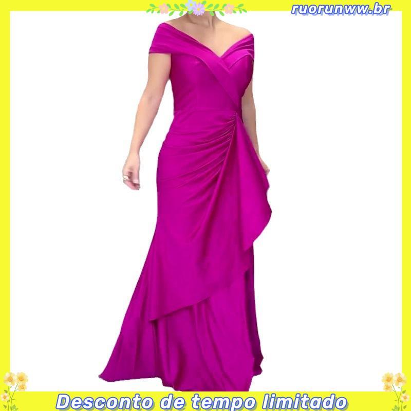 vestido longo de festa ombro a ombro com fenda drapeado elegante rose fucsia marsala marrom + cores