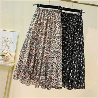 Saia Floral de Chiffon cintura elástica tamanho grande Look mais fino saia evasê drapeada de comprimento médio em Oferta na Shopee