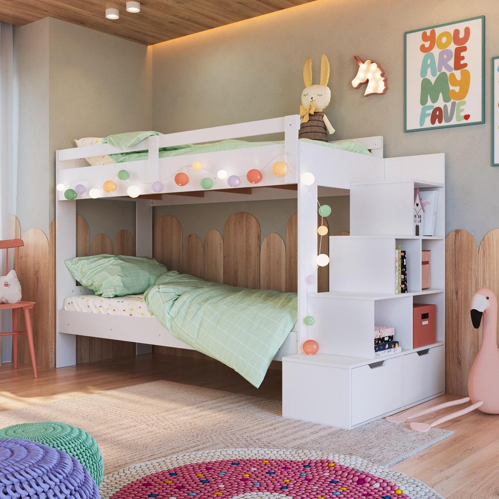 Cama Beliche Infantil Bicama Menino Menina 2,32m com Escada, Nichos e Gavetas em Oferta na Shopee