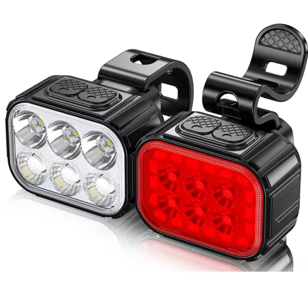 Kit Farol Bike Dianteiro + Lanterna Traseira Recarregável USB 6 Leds Impermeável Bicicleta