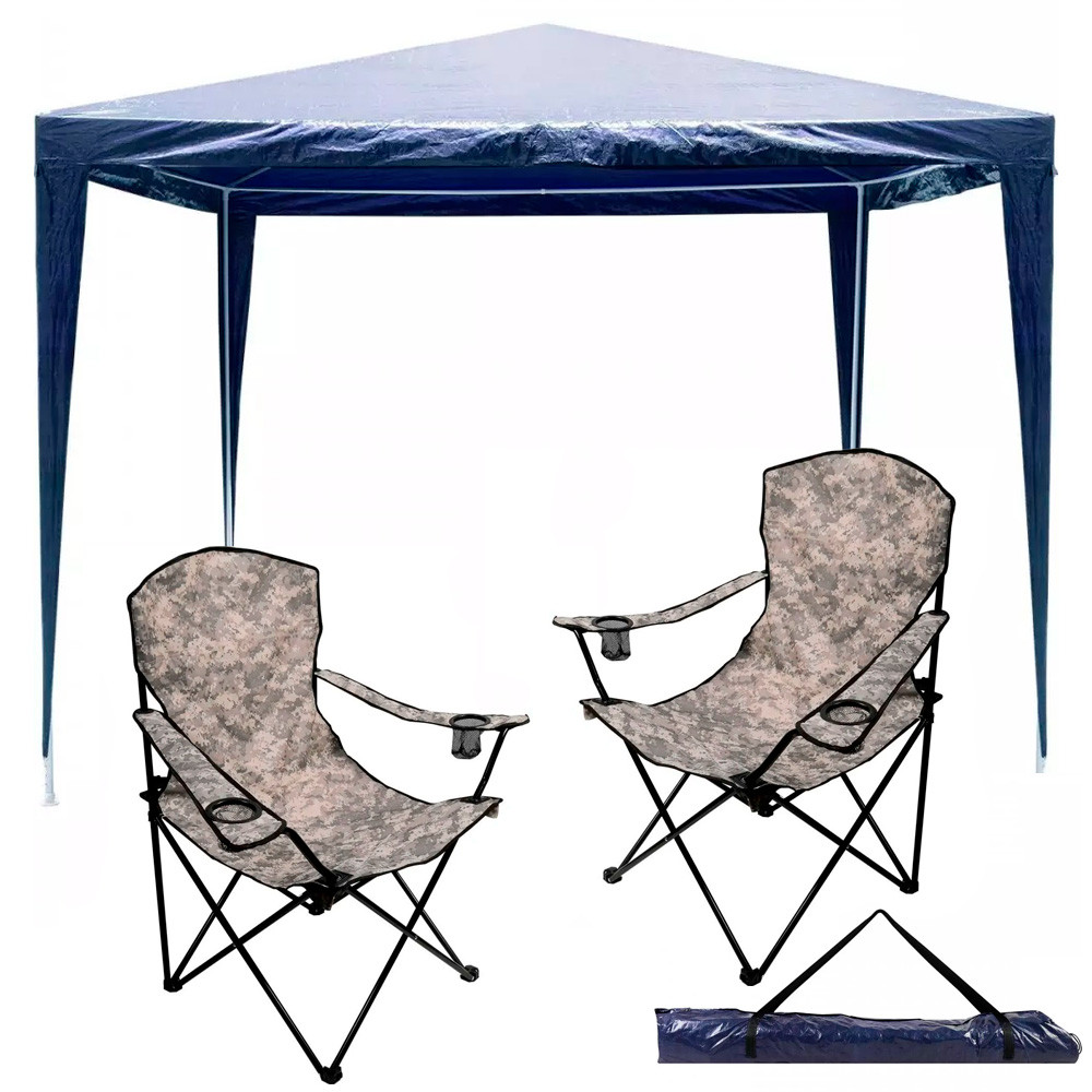 Kit Praia Kala Tenda Gazebo 3x3 Metros com 2 Cadeira Dobrável Camuflada Kala Capacidade 150KG