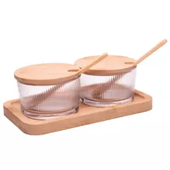 Conjunto 2 Porta Geleia 180ml com Tampa Colher e Bandeja de Bambu Lines Wolff para Café da Manhã Mesa Posta e Servir Mel