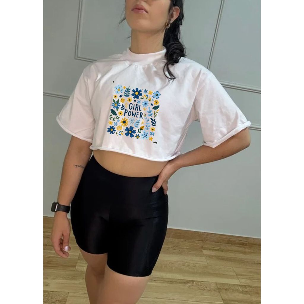Cropped Camisa Tshirt Estilosa Girl Power Flores Tendência 2026 Cropped Feminino Oversized Gola Alta