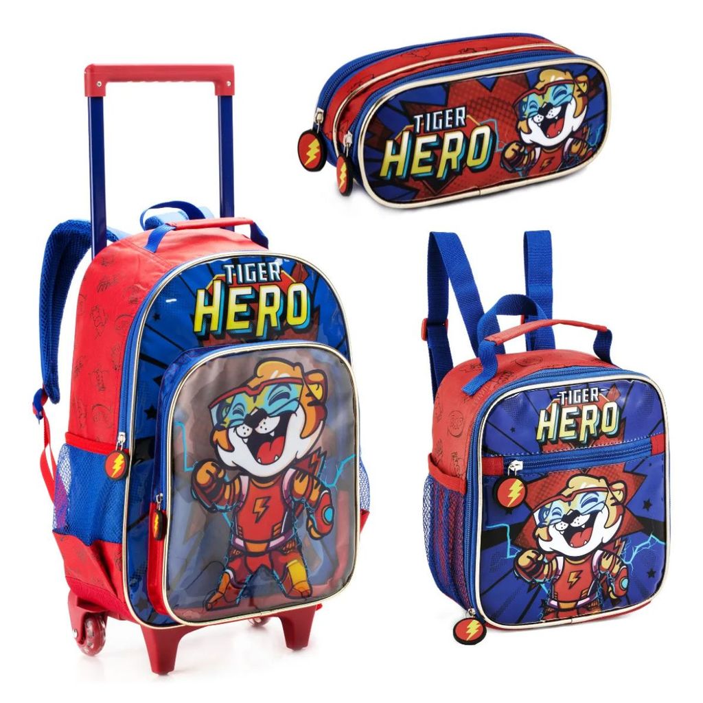 Kit Mochila Rodinhas Tigre Hero Animais Lancheira Estojo Infantil Escolar Denlex