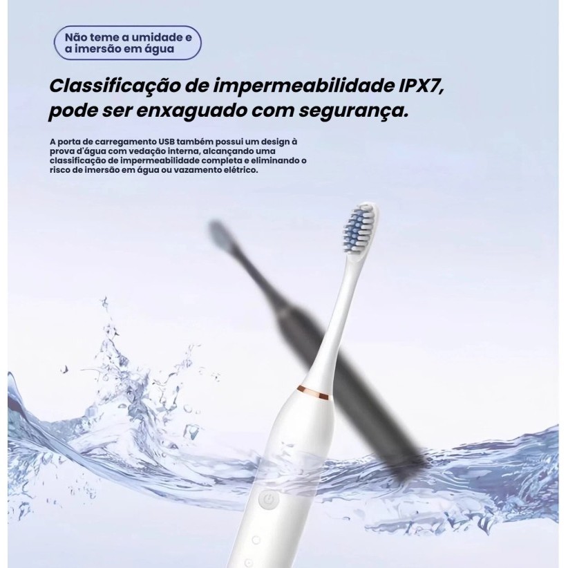 Conjunto Escova De Dentes Elétrica Recarregável USB Longa Bateria Sônica Proteção Bucal Cabeça Substituível