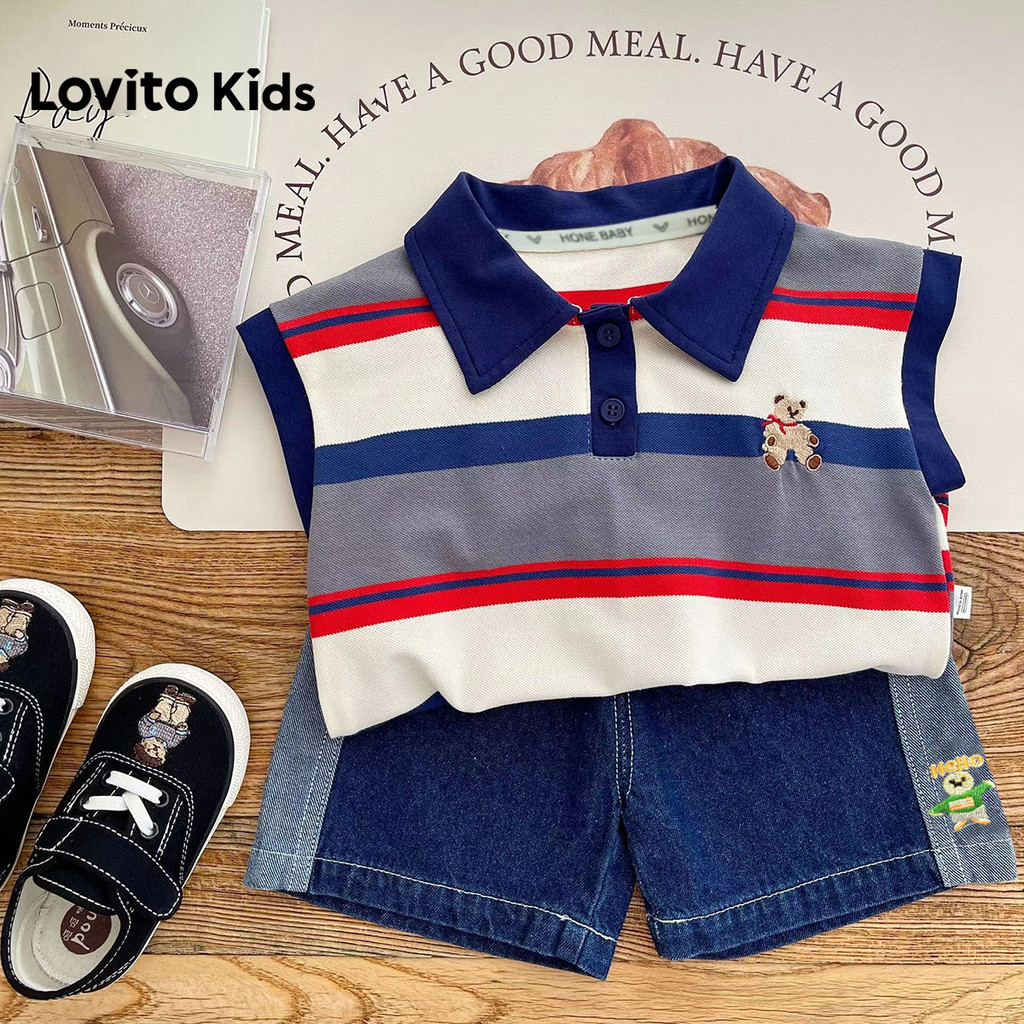 Lovito Kids  Conjuntos de Shorts Casuais com Bordado Colorblock e Bolso para Primavera/verão para Meninos LNL132340