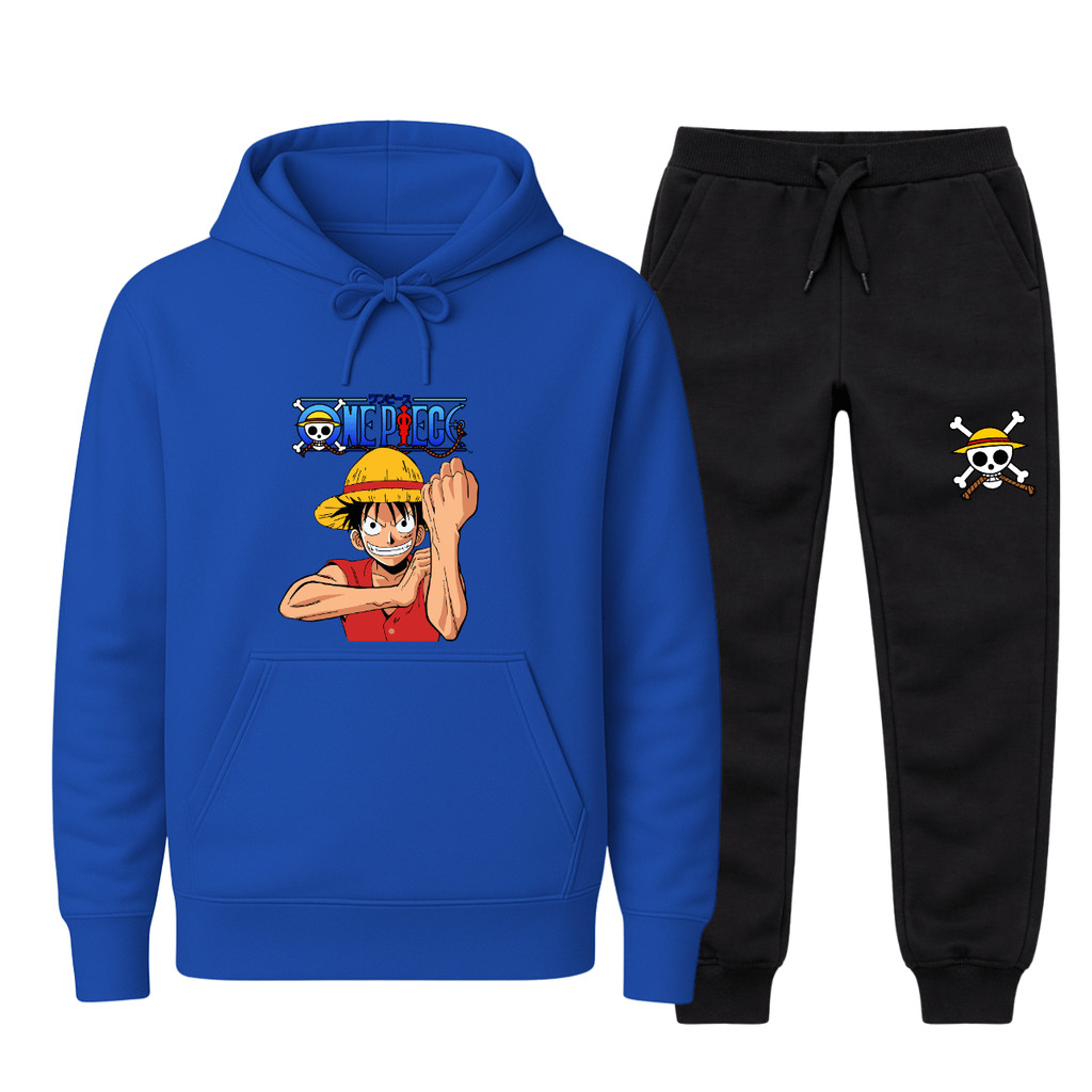 Conjunto Blusa Moletom Infantil Canguru e Calça Jogger One Piece Luffy Blusão Quentinho