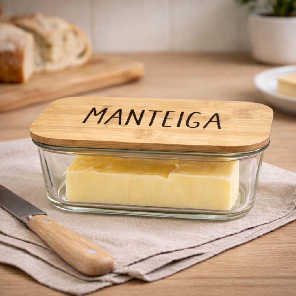 Manteigueira de Vidro Hermético Retangular c/ Tampa Bambu 420ml