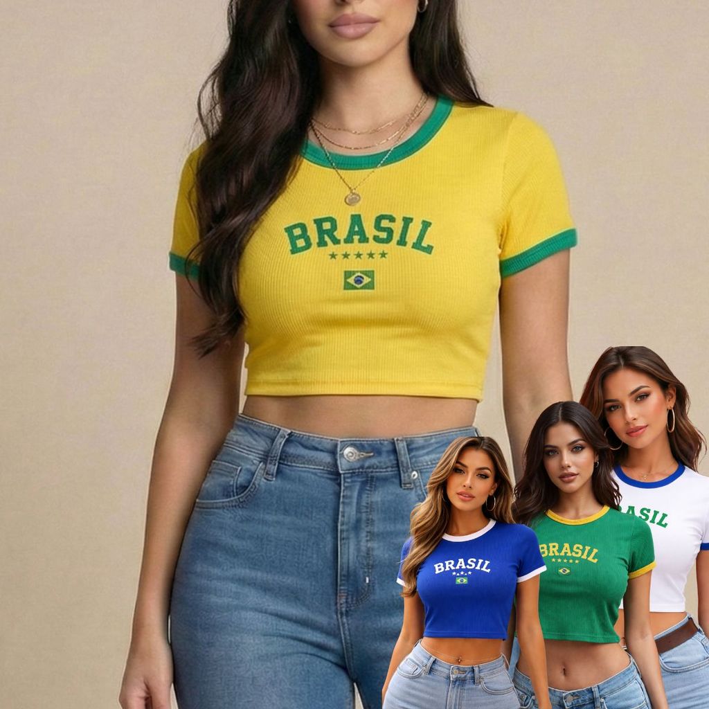 Camisa do Brasil Feminina Baby Look Copa 2026 Confortável em Oferta na Shopee