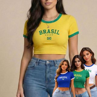 Camisa do Brasil Feminina Baby Look Copa 2026 Confortável em Oferta na Shopee