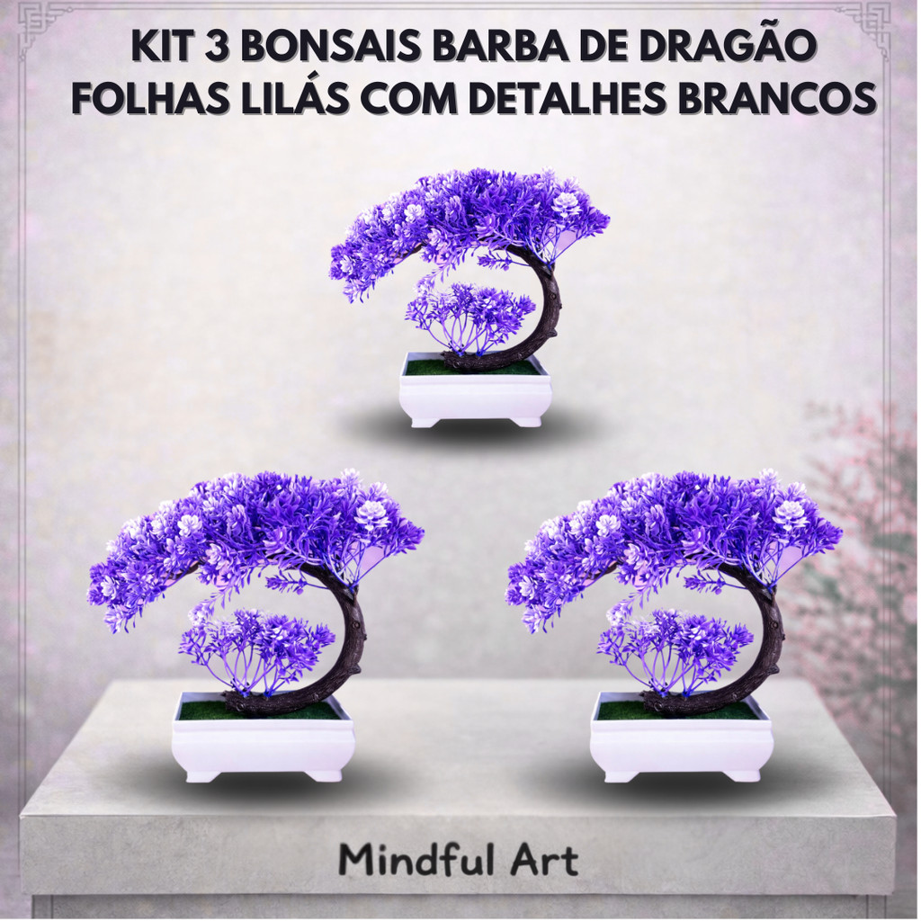 Kit 3 Bonsai Artificial Lilás Barba de Dragão Vaso Branco Decorativo Natureza Sem Cuidados