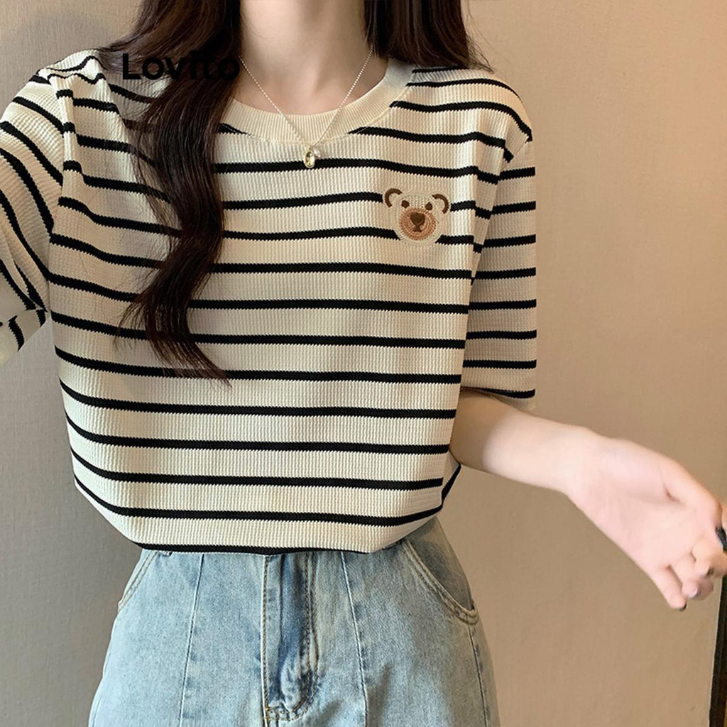 Lovito Camiseta Casual Listrada Para Mulheres LNE38190 (damasco) em Oferta na Shopee