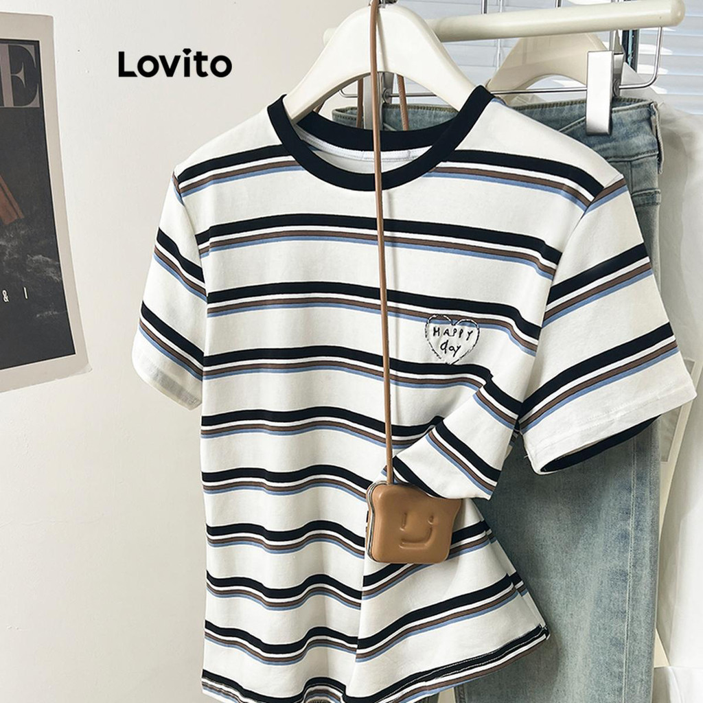 Lovito Camiseta Casual Listrada Colorblock Para Mulheres LNM71070 em Oferta na Shopee