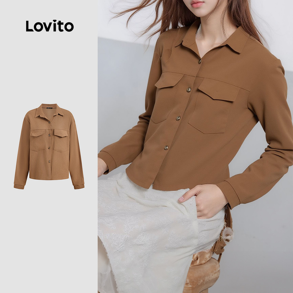 Lovito Blusa Casual Com Bolso Liso E Botão Frontal Para Mulheres LNA29011 (Multicolorido) em Oferta na Shopee