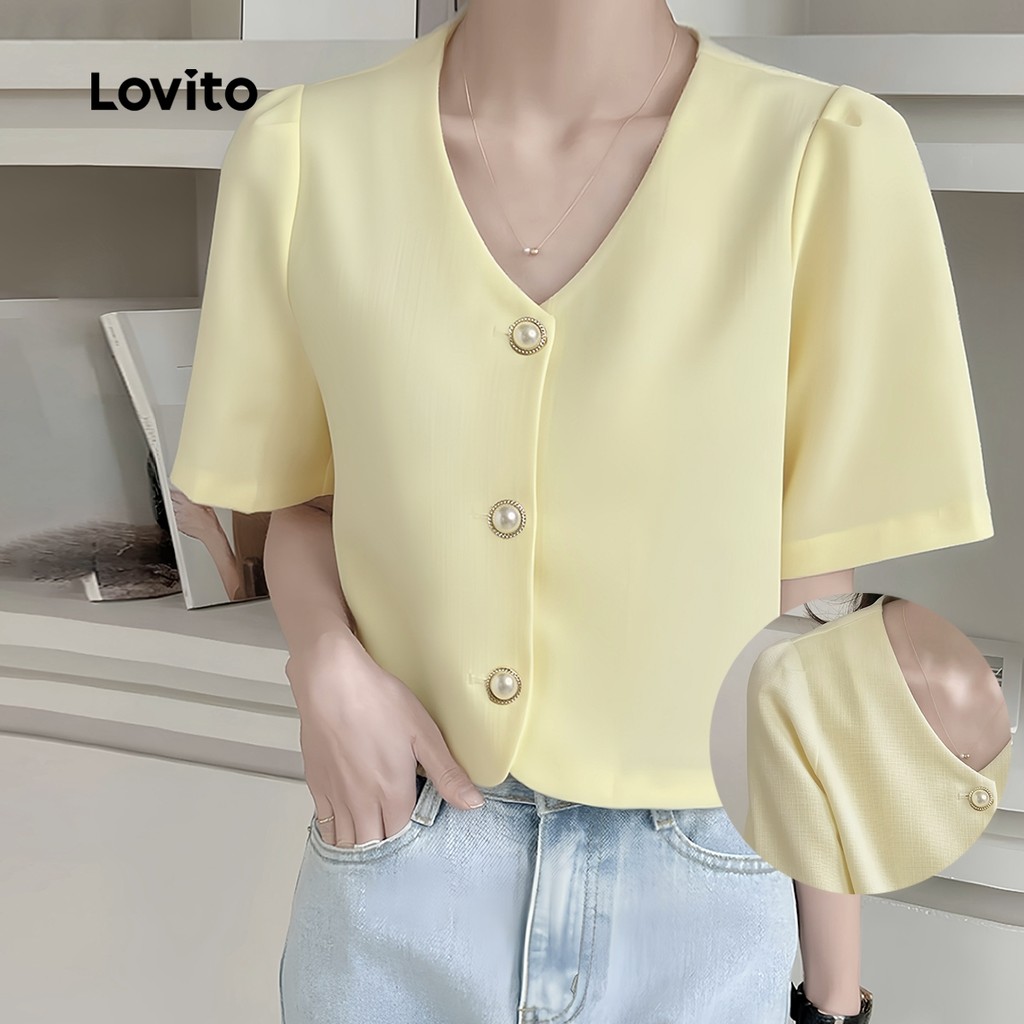 Lovito Blusa Elegante De Férias Com Botões Frontais E Pregas De Boa Textura Na Cor Amarela Primavera/verão L137LD167 em Oferta na Shopee