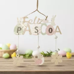 Enfeite Para Pendurar de Páscoa - Feliz Páscoa Verde e Rosa - 18x8cm - 1 unidade - Rizzo