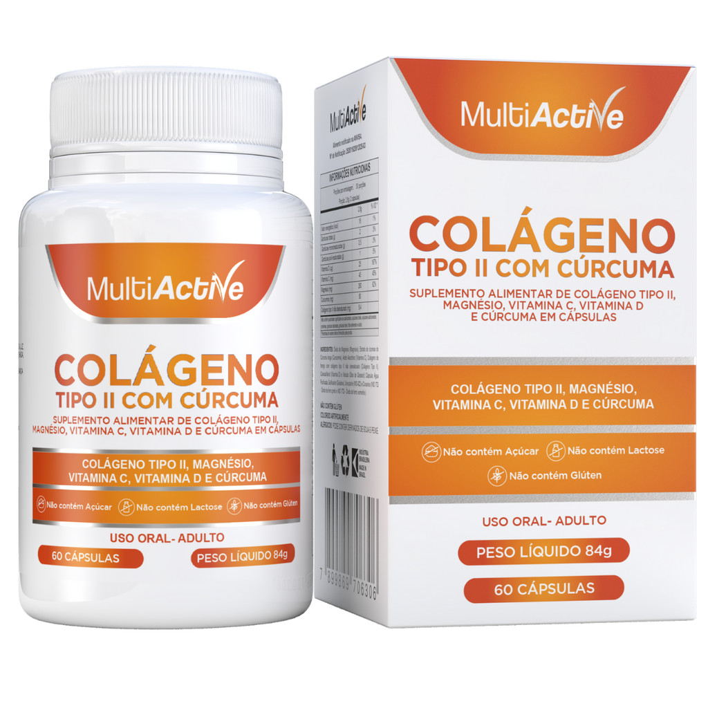 Colageno Tipo 2 Magnesio Curcuma Vitaminas C e D Suplemento Alimentar Multiactive 60 Caps