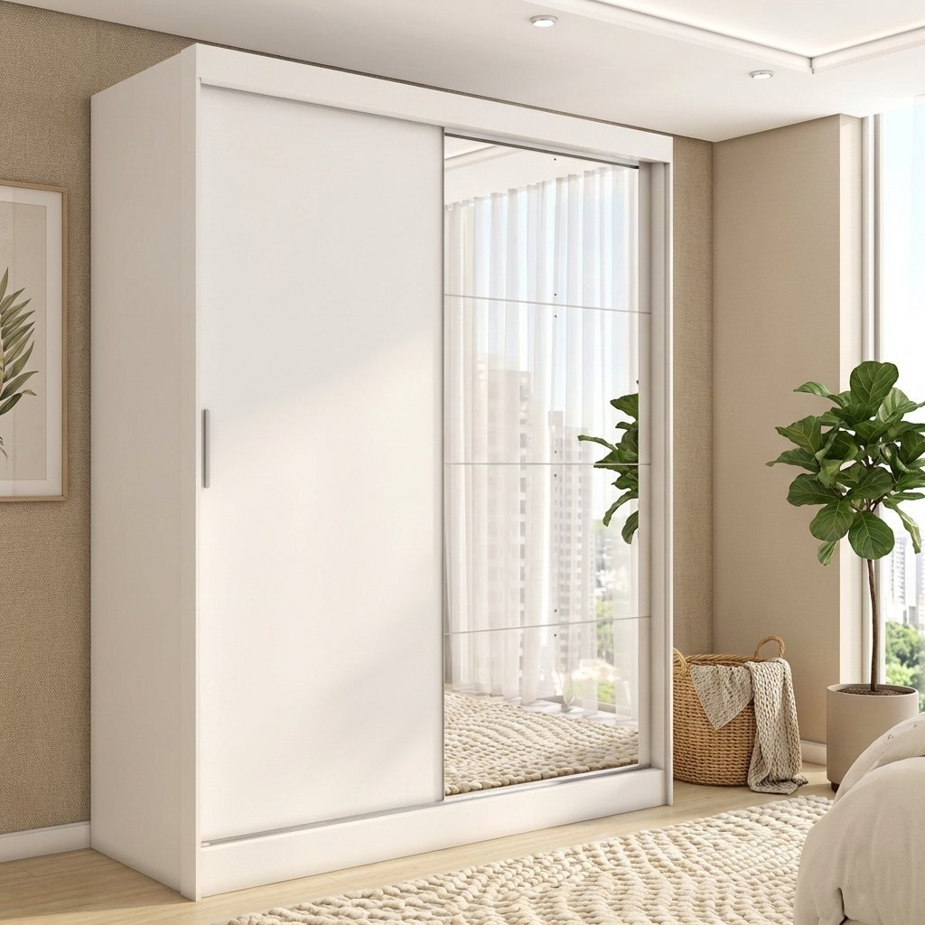 Guarda-roupa Solteiro com Espelho 2 Portas de Correr 4 Gavetas Amêndola/Off-White London Branco/Amendola em Oferta na Shopee