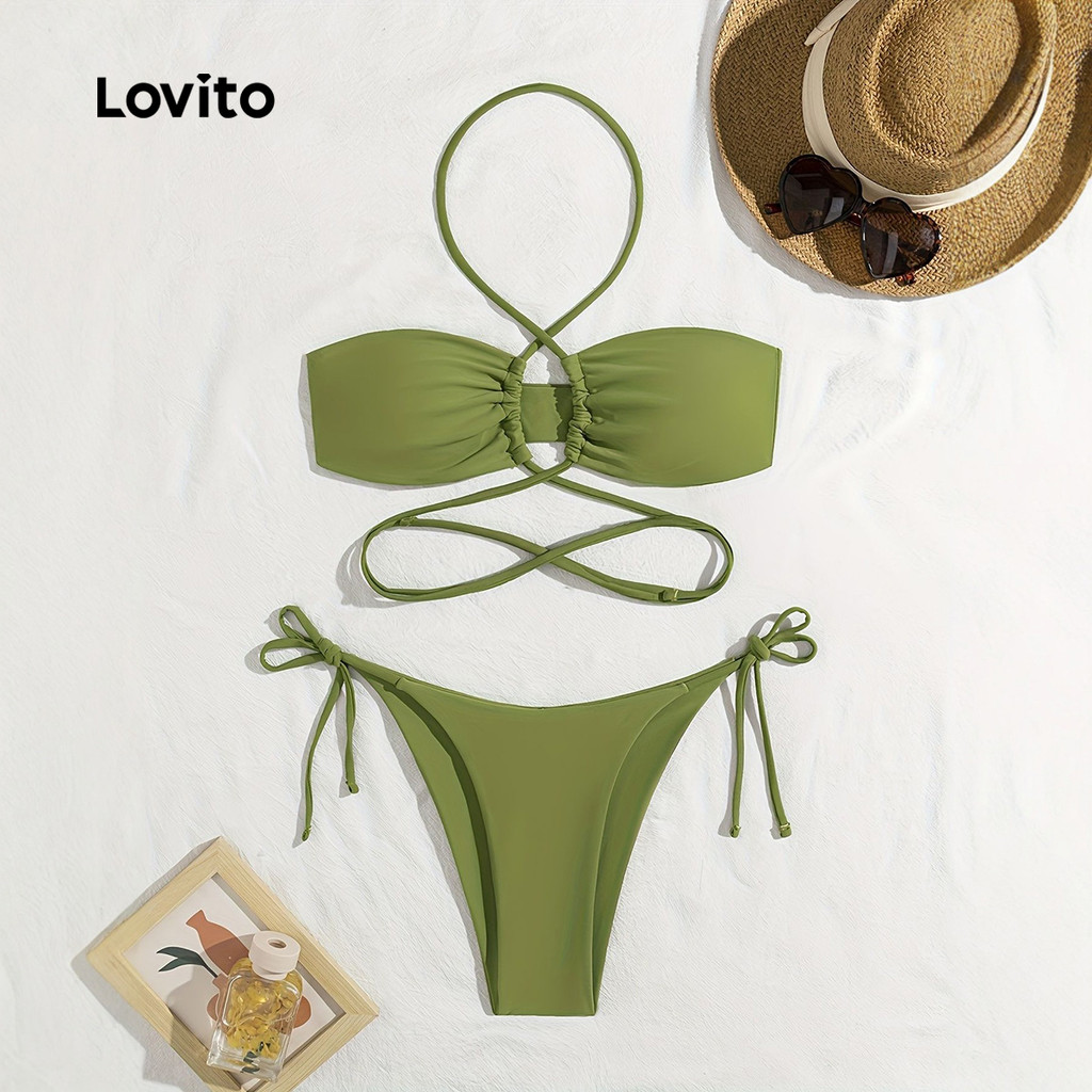 Lovito Conjuntos de Biquíni Boho Conjunto com 2 Peças de Biquíni Verde com Amarração para Mulheres LNE130X013 em Oferta na Shopee