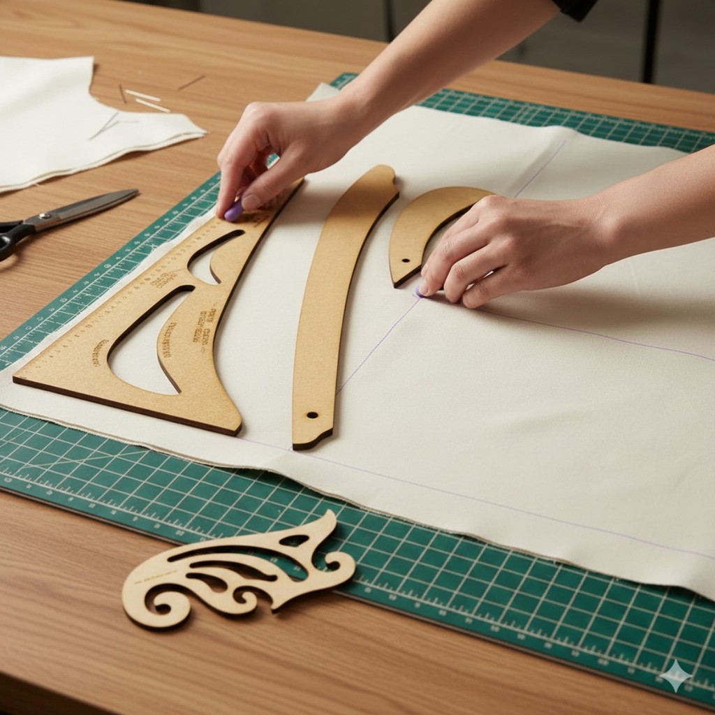 Kit 4 Peças de Réguas Para Costureira E Alfaiate MDF Modelismo Profissional Molde Corte Régua Francesa