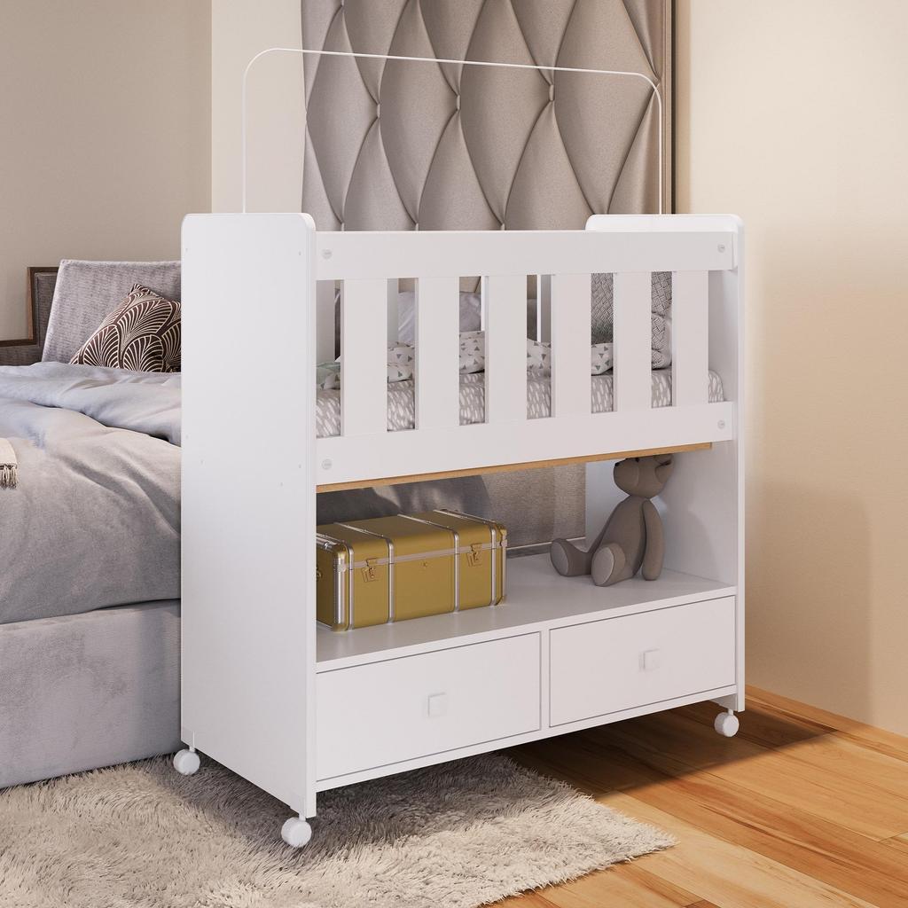 Mini Berço Infantil Moisés com Rodas, Gavetas e Grade em MDF 90cm Quarto de Bebê Branco em Oferta na Shopee
