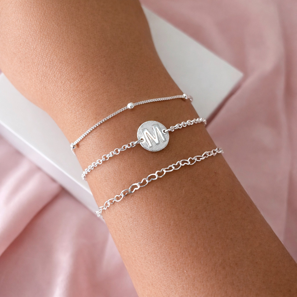 Kit 03 Pulseiras Veneziana Bolinha, Corações e Elo Portuges Com Pingente Letra Inicial Nome Banhada Prata 925 em Oferta na Shopee