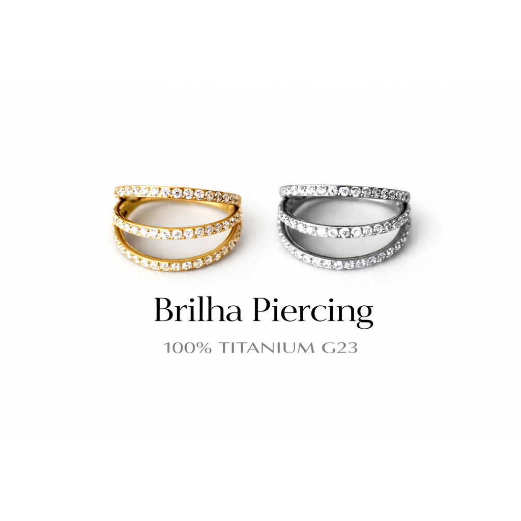 【Brilha】TRINITY PAVÉ CLICKER — Piercing Argola Tripla Zircônias G23 Titânio – Hélix / Tragus / Cartilagem