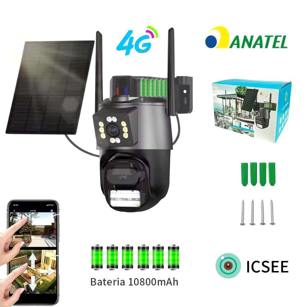 Câmera de Segurança 4g Solar Bateria 10800mAh, Ip66, Ptz 355°/90°, Detecção Humana, Áudio 2 Vias (iCSee) Marisa