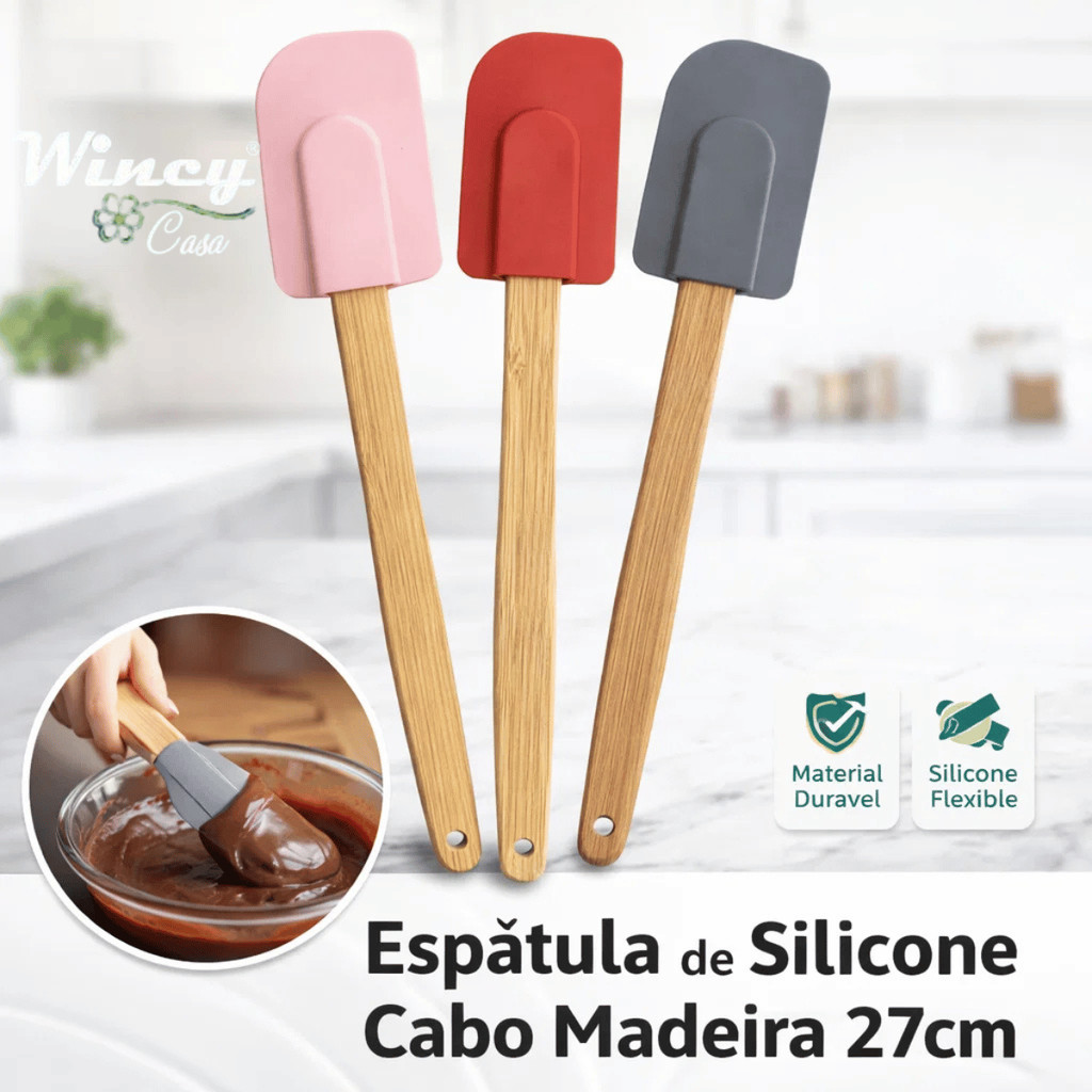 Kit 3 Espátula de Silicone Cabo Madeira 27cm - Wincy Casa / Cozinha Confeitaria Assar Untar Utensílio
