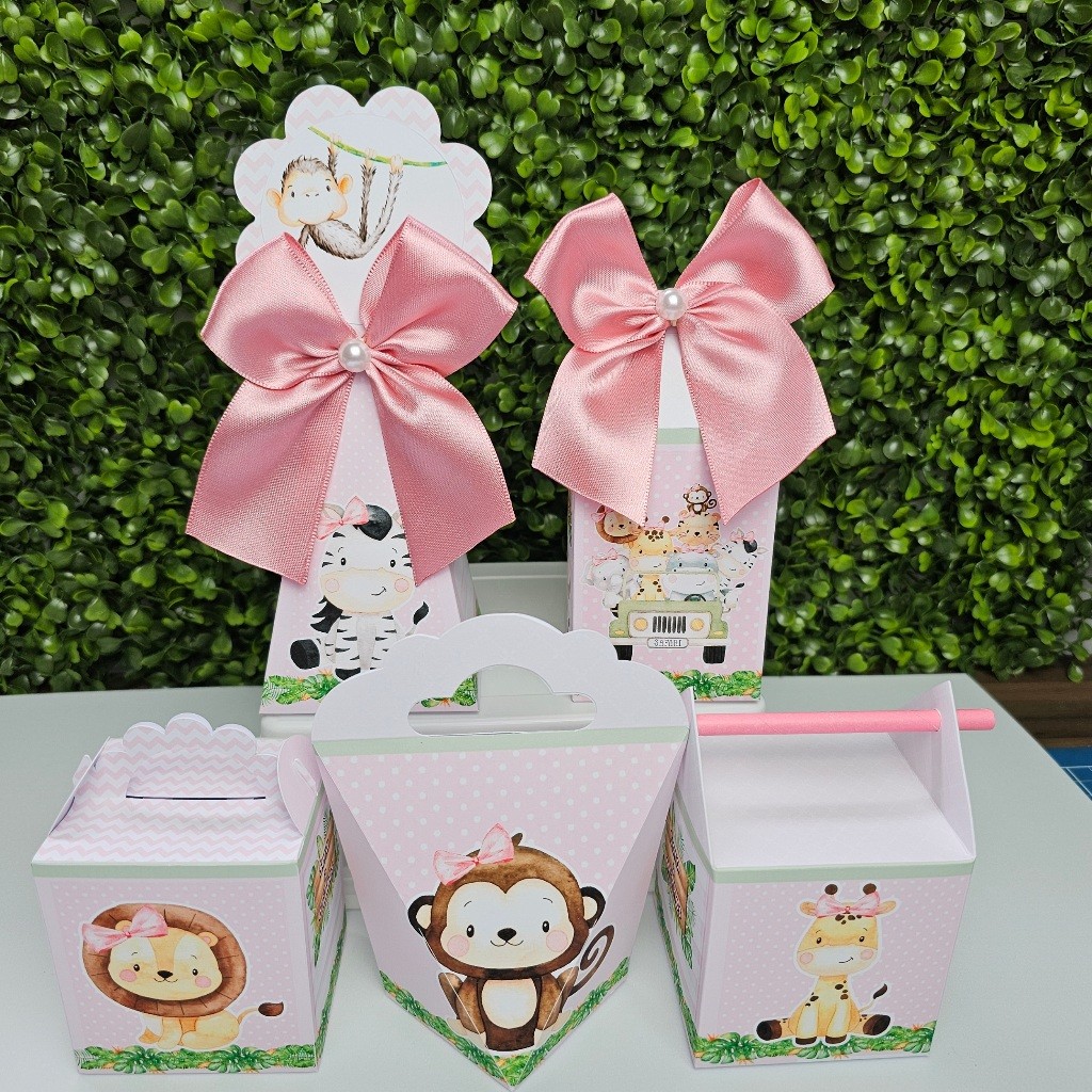 Kit Caixa Montada SAFARI MENINA ROSA - Personalizados - Festa infantil - Aniversário - Lembrancinha