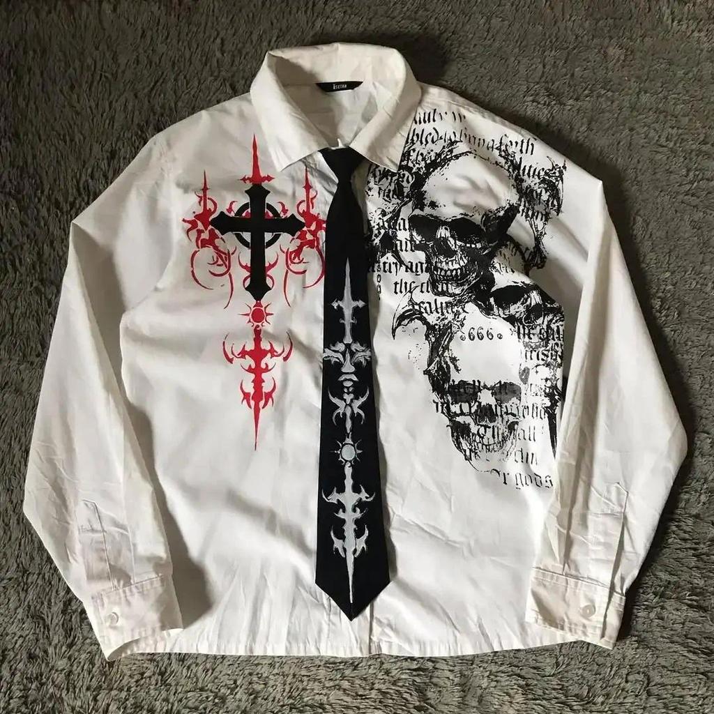 Detalhes do Y2K Branco Manga Comprida Camisa Aflição Nova Retro T Harajuku Crânio Santo Escrito Carta Impressão Camiseta Moda Topos