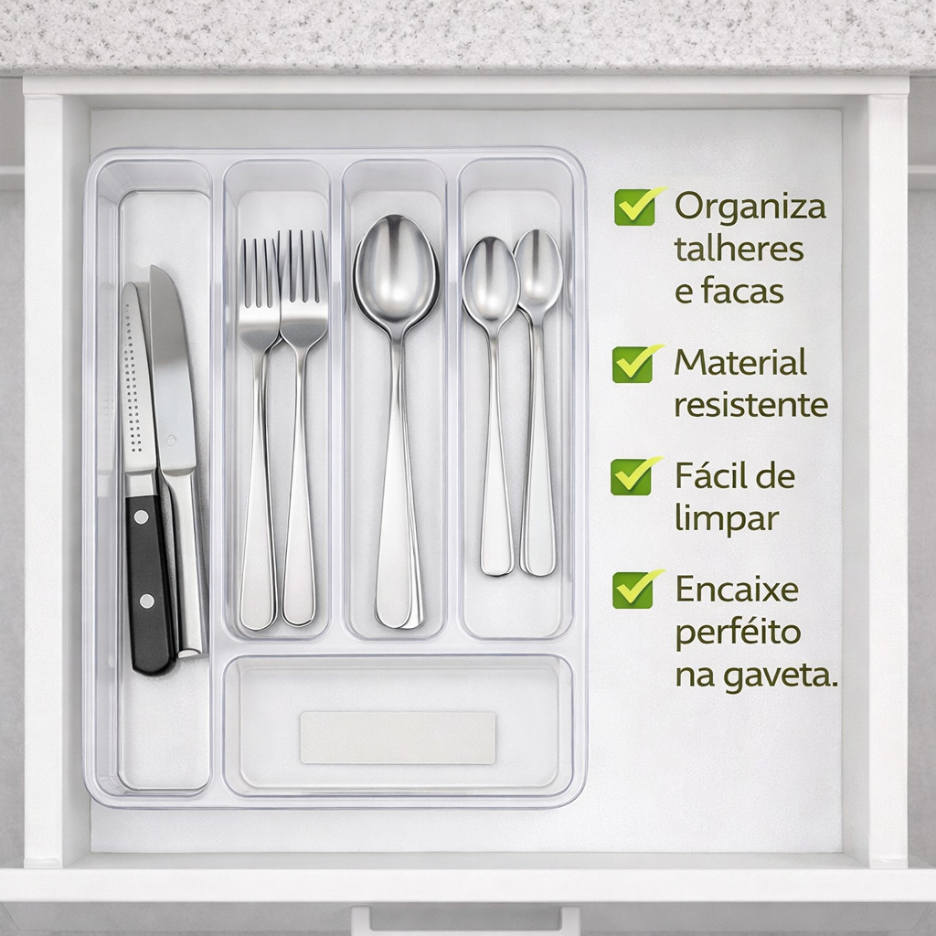 Detalhes do Organizador de Talheres para Gaveta 32x26cm Acrílico Transparente 5 Divisórias Porta Talher Cozinha Resistente