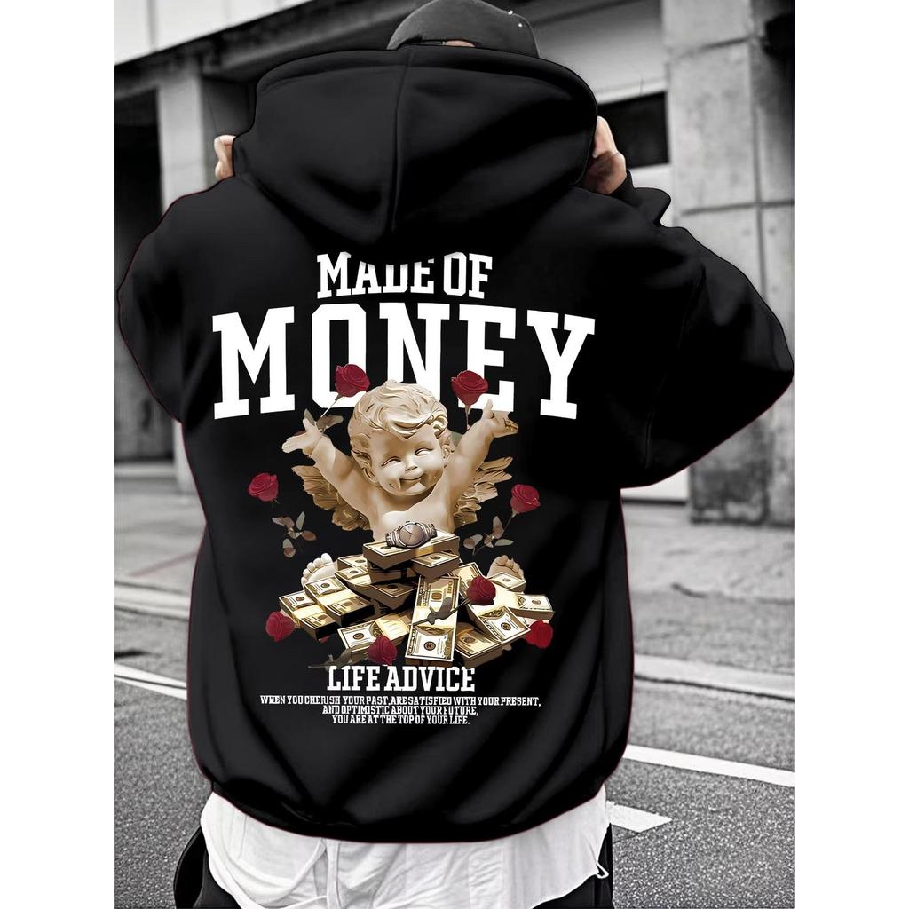 Blusa Casaco Moletom Frio Canguru Bolso Capuz Streetwear Casual Masculino Unissex Estampa Made Money over Anjo Cartoon