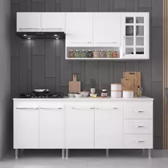 Cozinha Modulada Compacta Fidelitá Viena 4 Peças 190cm 9 Portas 3 Gavetas Com Tampo Branco